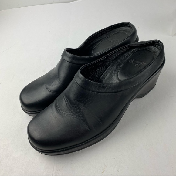 Dansko Womens 40 (US 9.5-10) Black Leather Cabrio Mule Clog Wedge Heel Slip On - Picture 3 of 6